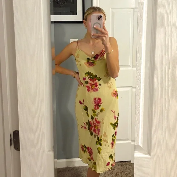 Vintage Yellow Floral Midi Dress - Picture 1 of 8